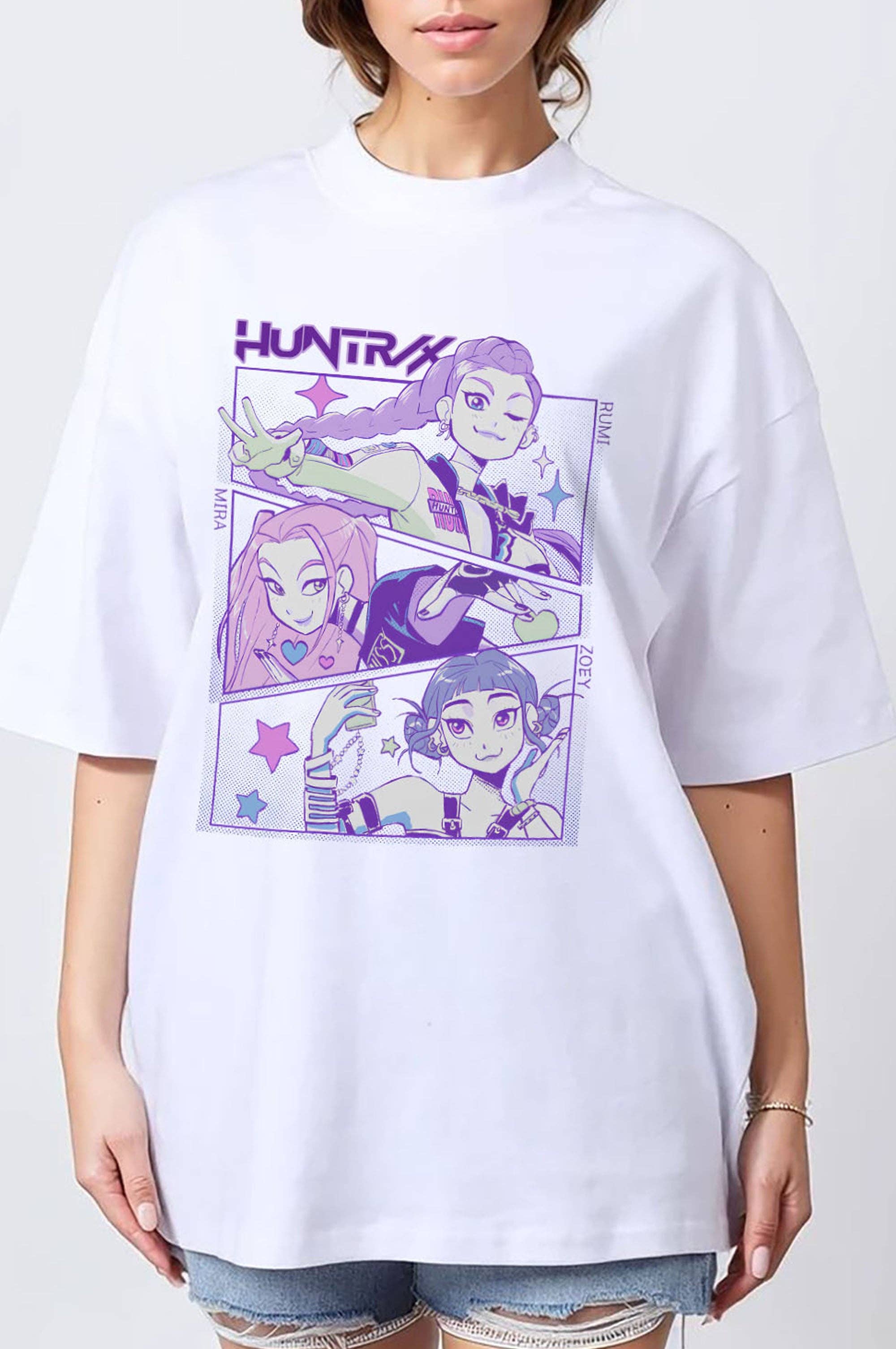 White 150GSM Oversized T-Shirt in Huntrix K-Pop Anime Print for wholesale on Faire0