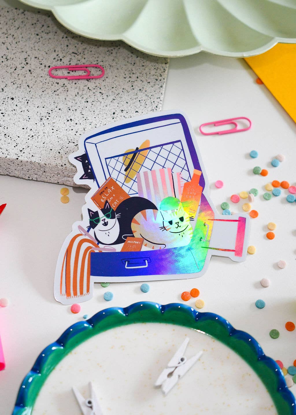 Nat Ellis Illustration – wholesale Sticker – Suitcase Cats- Holographic Vinyl Sticker 1