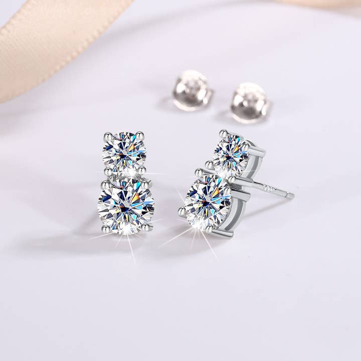 Perimade & Co. LLC - Wholesale Stud/Post Earrings - Two Stone Moissanite Stud Earrings in 925 Sterling Silver