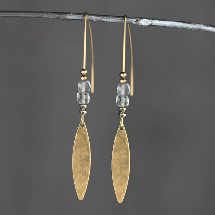 Hammered Brass Marquise Long Wire & Semi Precious Earrings for wholesale by KBD Studio