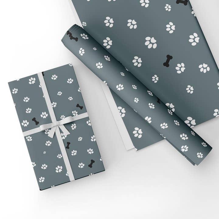 Dog Paws Gift Wrapping Paper & Matching Tag-Grey for wholesale by Handmade Gift Company