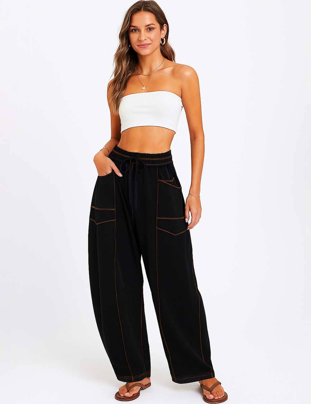 Sweetkama - Wholesale Pants - Women's - Ladies Contrast Stitching Elastic Waist Drawstring Barrel Pants15