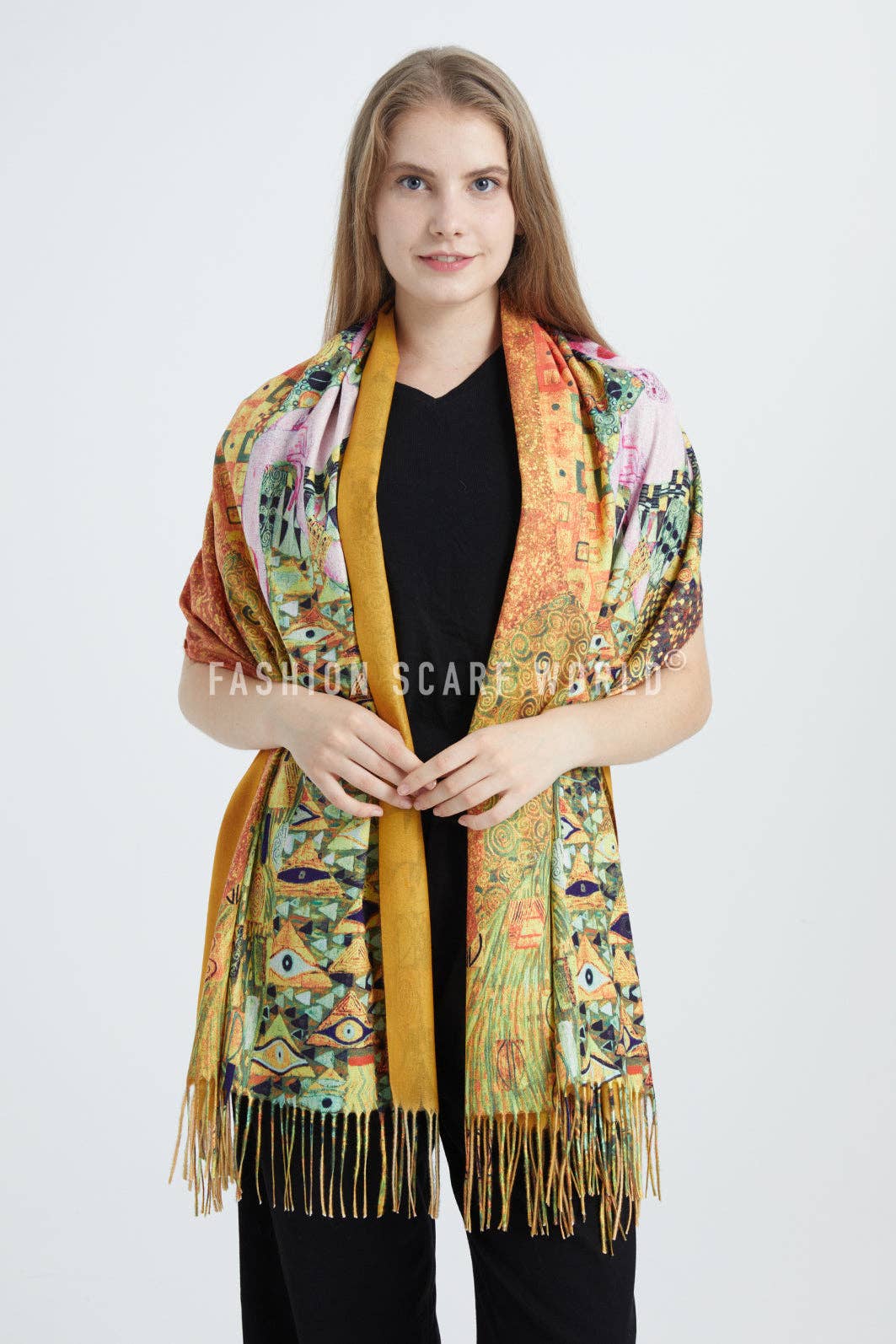 Fashion Scarf World - Wholesale Scarf - Women's - Klimt 'Portrait Of Adele' Print Wool Tassel Scarf1