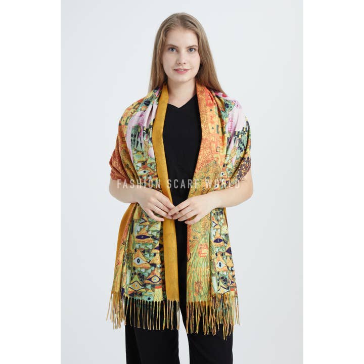Fashion Scarf World – wholesale Scarf – Women's – Klimt 'Portrait Of Adele' Print Wool Tassel Scarf1