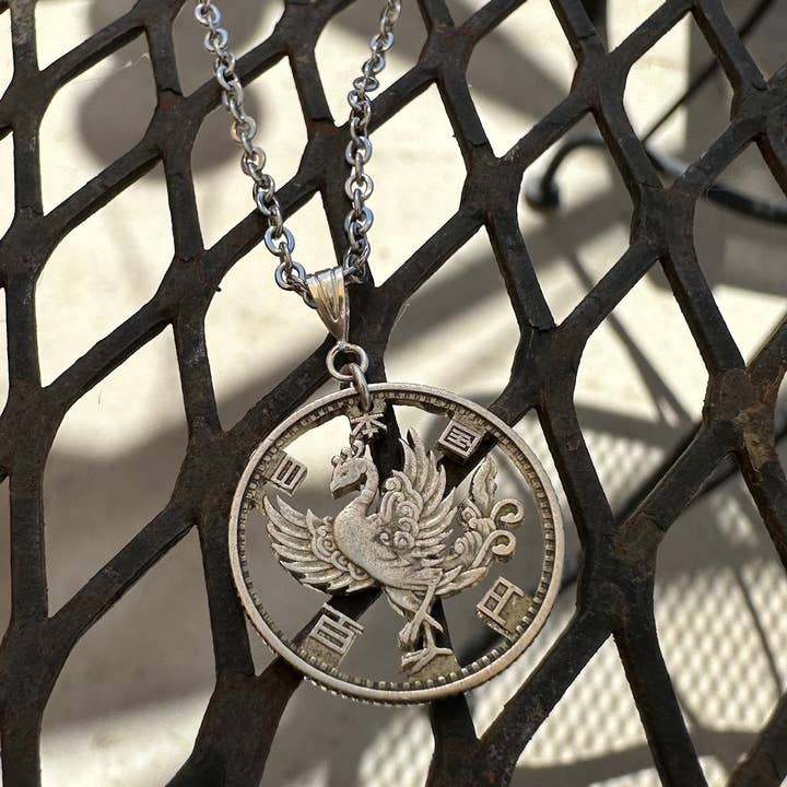 Mountainstruck Coin Rings and Jewelry - Wholesale Pendant/Charm Necklace - Japan Phoenix 100 Yen Silver Hand Cut Coin Necklace2