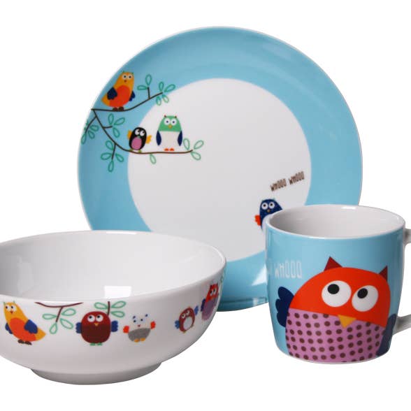 Silly Design - Venta al por mayor Conjunto de cubiertos - Niños y bebés - Set de desayuno de porcelana con diseño de búhos, 3 piezas1