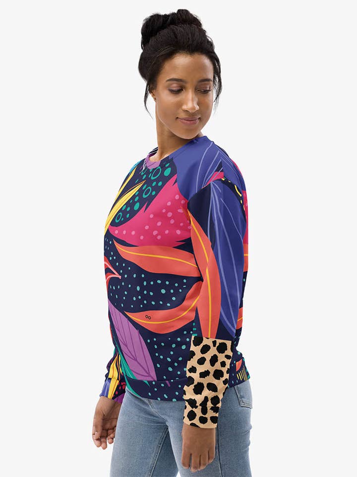 Recycled Fleece Sweatshirt "Animal Leaves" Blue/Orange/Green for wholesale by Loony Legs
