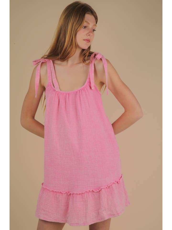 VERY J - Wholesale Dress - Women's - ND31743-Mineral Washed Shoulder Tie Mini Dress