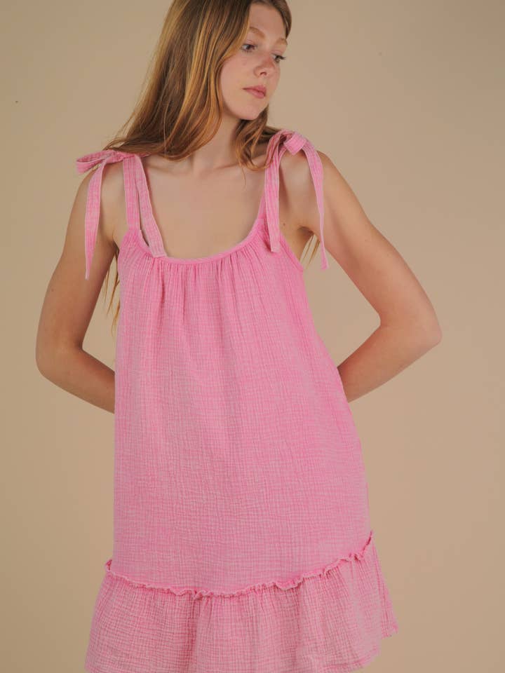 ND31743-Mineral Washed Shoulder Tie Mini Dress for wholesale by VERY J