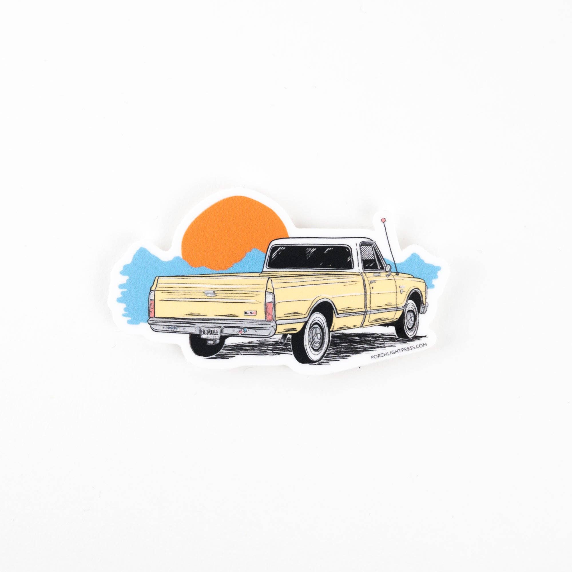 Porchlight Press Letterpress – Adesivo por atacado – Autocolante: Camioneta ao Pôr do Sol0