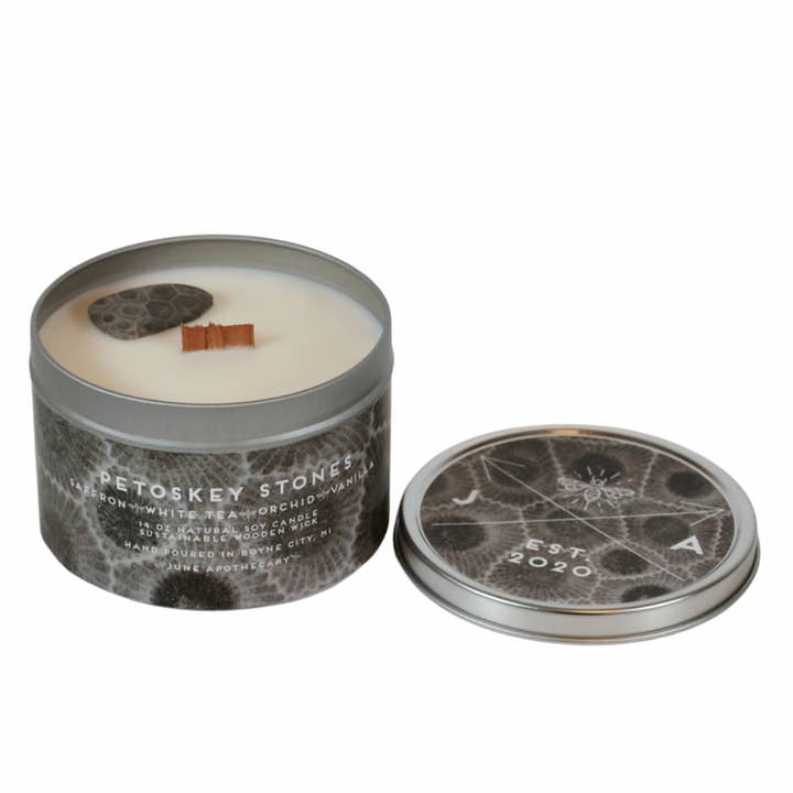 June Apothicarie - Wholesale Travel Candles - Petoskey Stones® Wooden Wick 11oz Tin Candle- Michigan