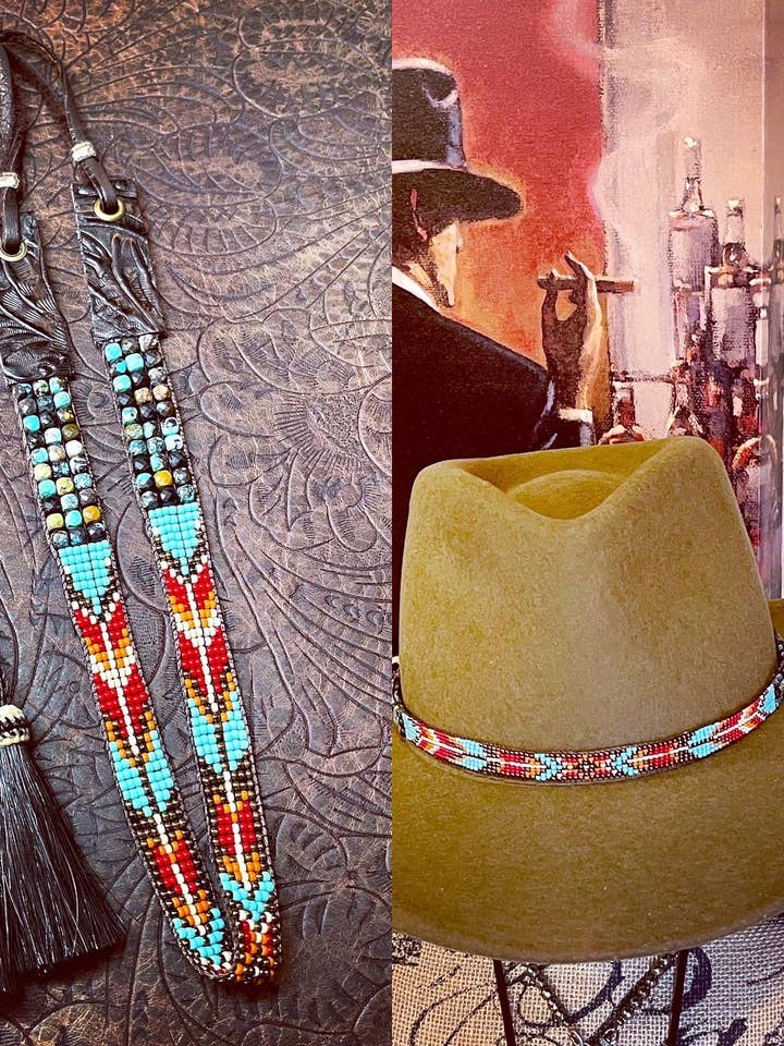Sydvästra Hatband La Chula; Naturlig turkos och läder för wholesale av Fleurdesignz Western Jewelry