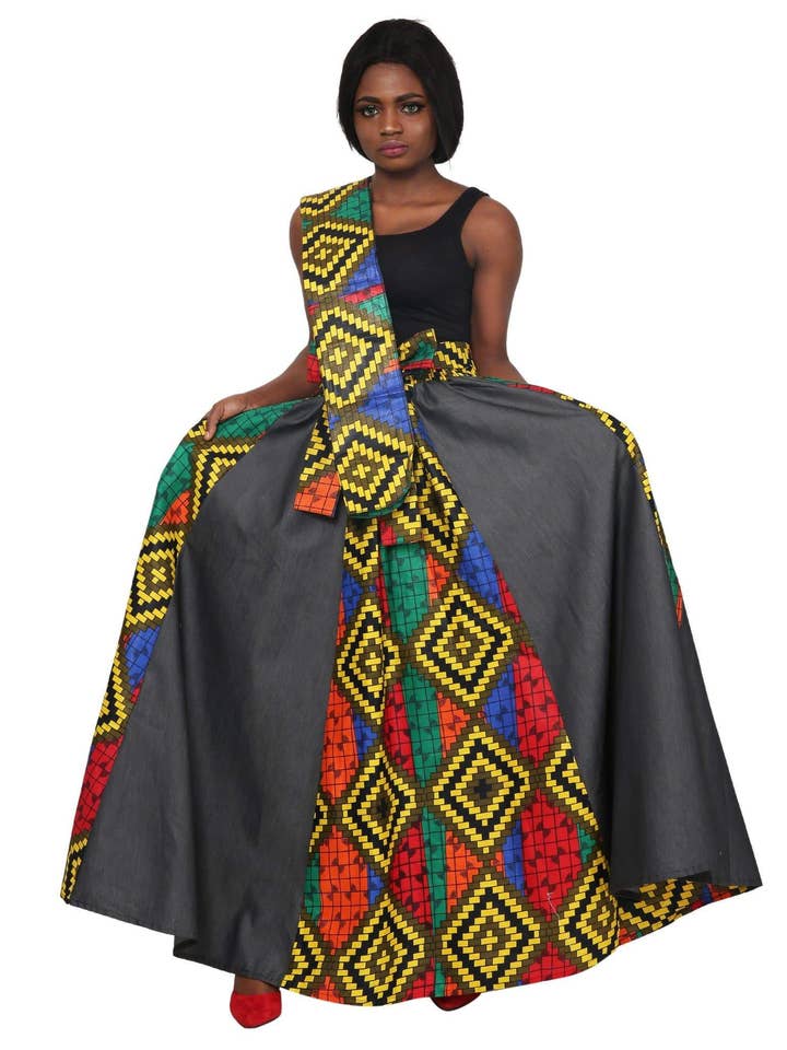 Denim and African Print Long Maxi Skirt for wholesale by Advance Apparels