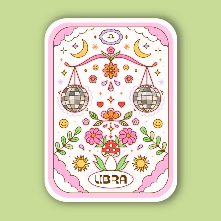 Libra, Tarot Zodiac Disco Card Sticker for wholesale by Sage and Virgo