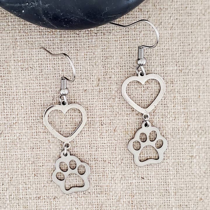Stainless Steel Heart Connector with Dog Charm Earrings for wholesale by Covaly Artisan Jewelry