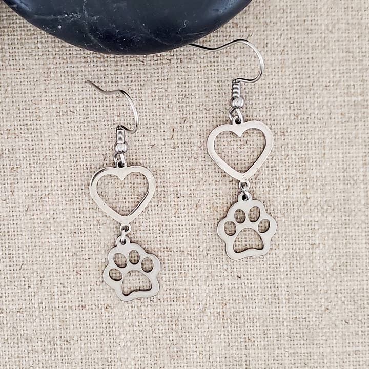Covaly Artisan Jewelry - Wholesale Dangle Earrings - Stainless Steel Heart Connector with Dog Charm Earrings