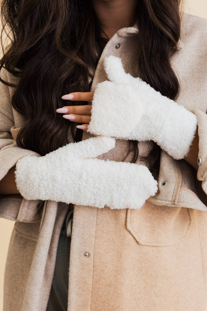 Ivoire Moufles d'hiver pliables en sherpa avec fonction gants pour écran tactile en vente sur Faire