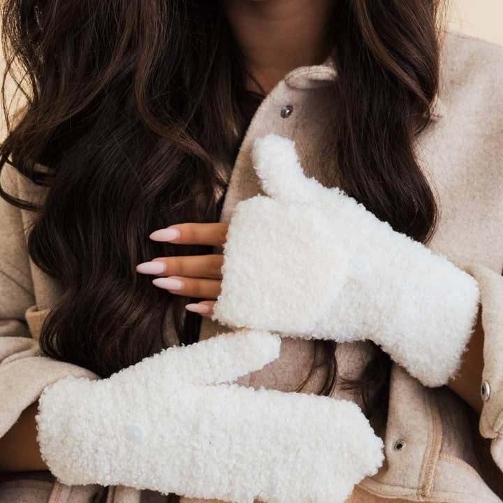 Ivoire Moufles d'hiver pliables en sherpa avec fonction gants pour écran tactile en vente sur Faire0