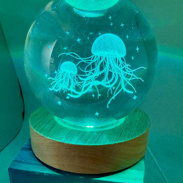 Light changing 3D 60mm Etched Glass on Wood Base-Jellyfish and other Purchase Wholesale 3d illusion lamp. Free Returns & Net 60 Terms on Faire trending on Faire.