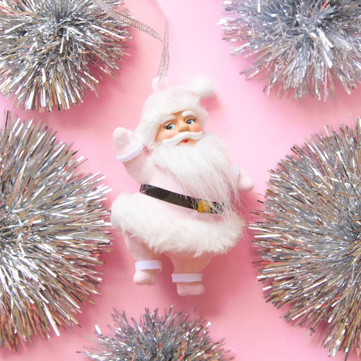Sunshine Studios - Wholesale Ornament - Retro Flocked Dancing Santa Ornament | Light Pink1