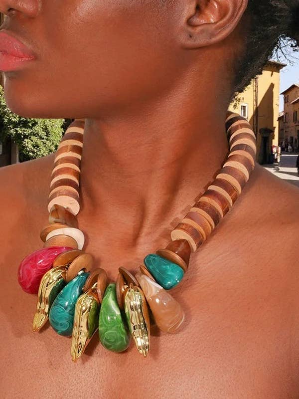 Boho Chic Handmade Wooden Bead Statement Necklace for wholesale by DUA MENKA