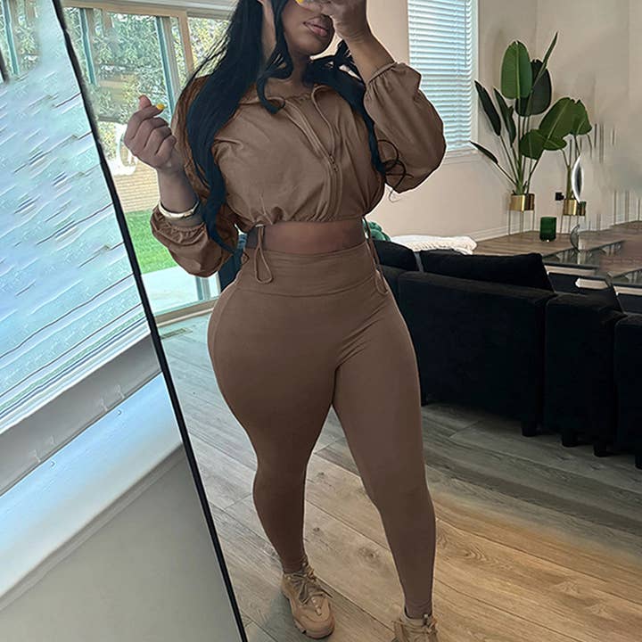 Lily Clothing - Wholesale Top & Pant Set (NOT Loungewear) - Women's - Drawstring Crop Top High Waist Skinny Pants Set55