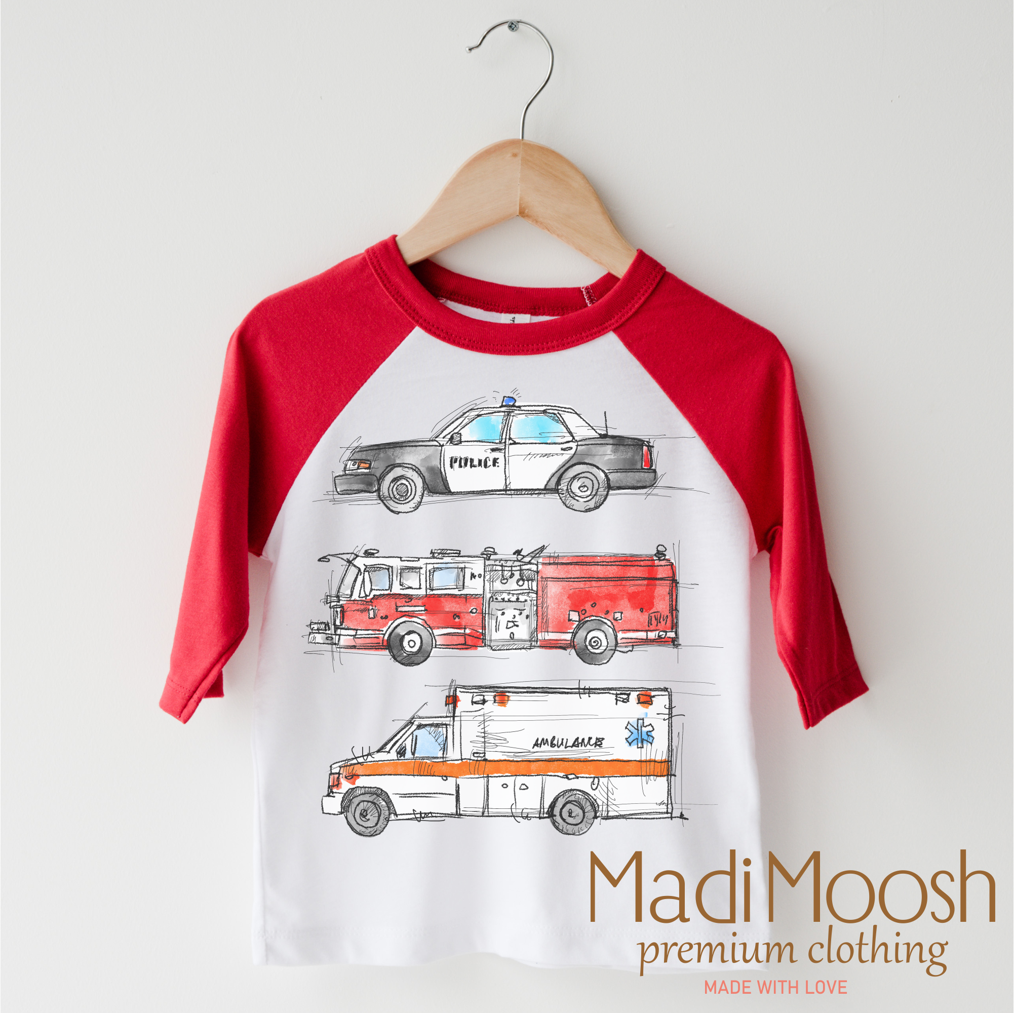 Madi Moosh - Wholesale Screen Printed T-Shirt - Kids - Emergency Vehicle  Shirt - Firefighter Tee2
