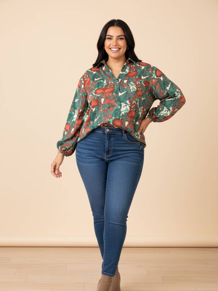 Grön mönstrad skjorta i stora storlekar (C6632) för wholesale av Pomme Rouge Paris