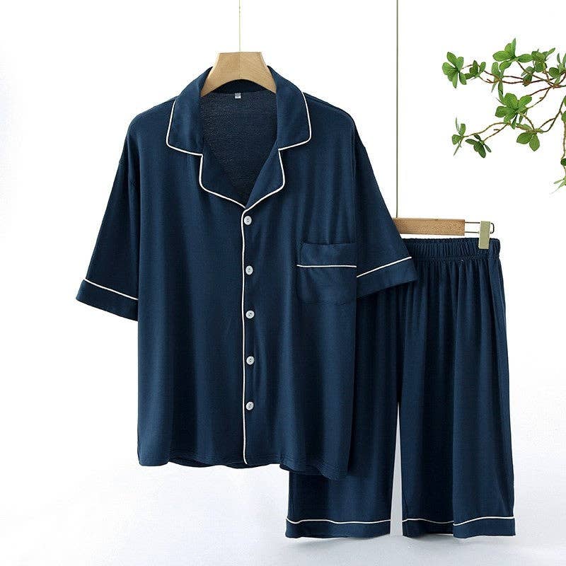 Plush Looks - Wholesale Sleepwear Set - Men's - Men's Solid Color Edging Short Sleeved Shorts Pajamas3