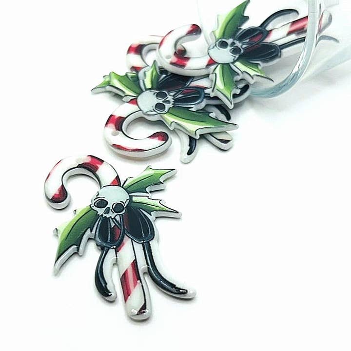 Creepy Christmas Candy Cane with Holly and Skull Charms for wholesale by Guerrilla Charm