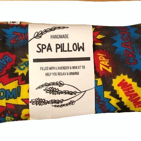 Comic Book Print Handmade Heatable Lavender and Wheat Spa Pillow for wholesale by The Hare And The Moon