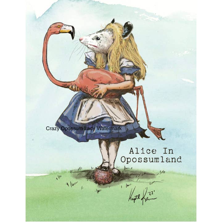 Print: Alice in Wonderland with Flamingo Opossum Classic for wholesale by The Crazy Opossum Lady