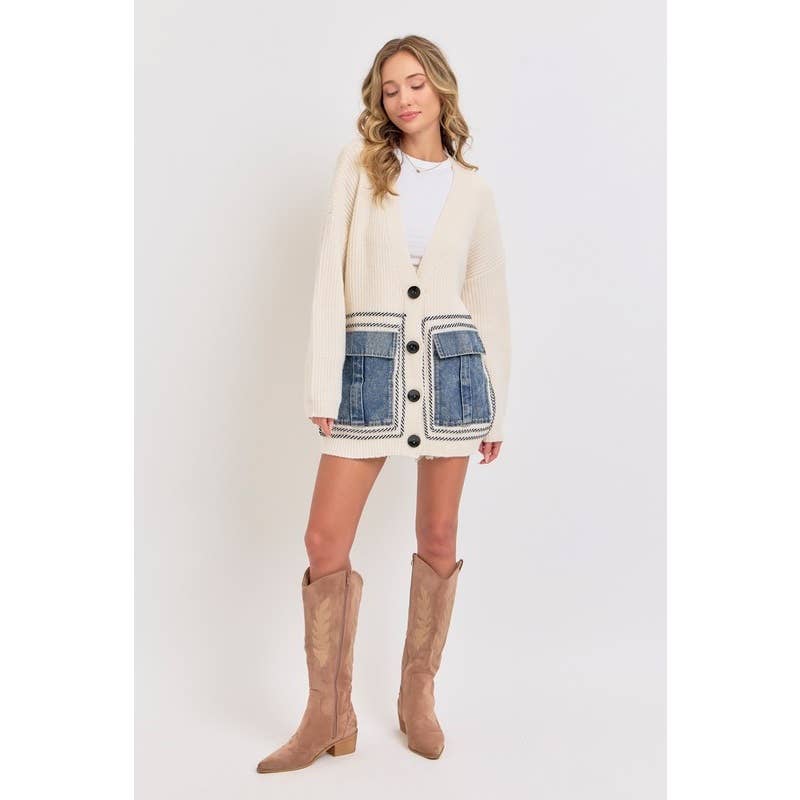IVORY Knit Sweater Cardigan with Denim Pockets for wholesale on Faire10