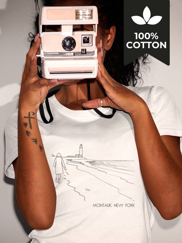 Montauk Memories 100% Cotton Lighthouse Bech Minimalist Tee for wholesale by Running With Wolves