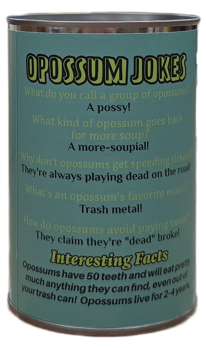 Canned Gifts – Engroshandel Plyslegetøj - Børn og baby – Oliver den konserverede opossum | Udstoppet dyreplys m/vittigheder1