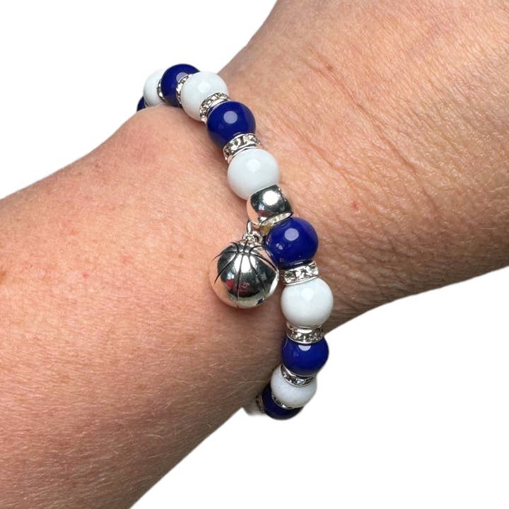 Fish Towne Designs, LLC - Wholesale Beaded Bracelet - Stretch Blue & White Glass Bead Sports Charm Bracelet