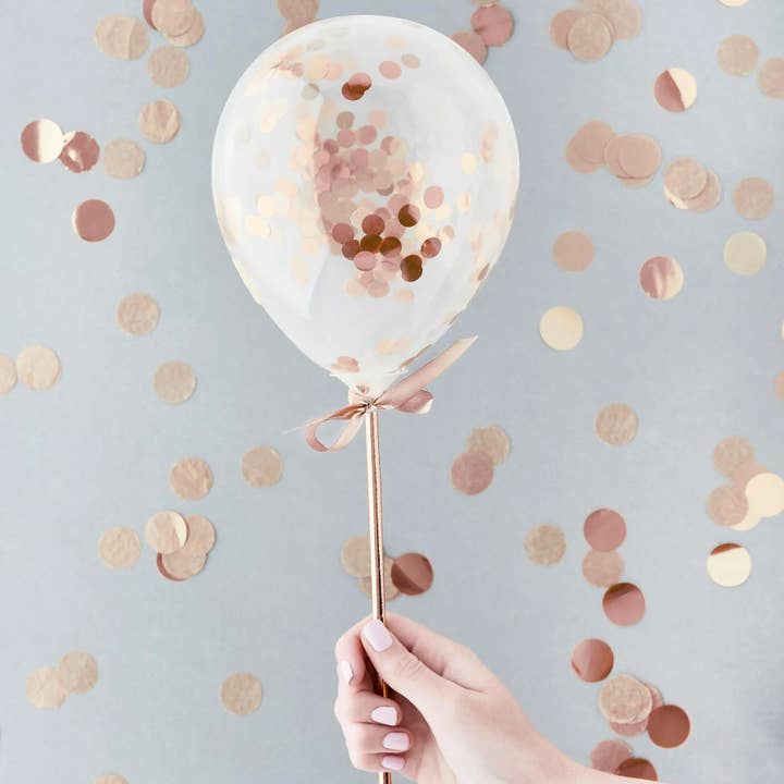 Rose Gold Mini Confett Filled 5" Latex Balloons Wands 5 Pack for wholesale by Hootyballoo by Club Green