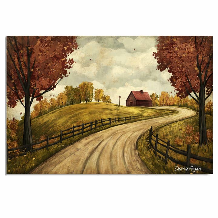 Route sinueuse d'automne avec grange et clôtures Toile roulée à plat pour la vente par Art Paradise Studios