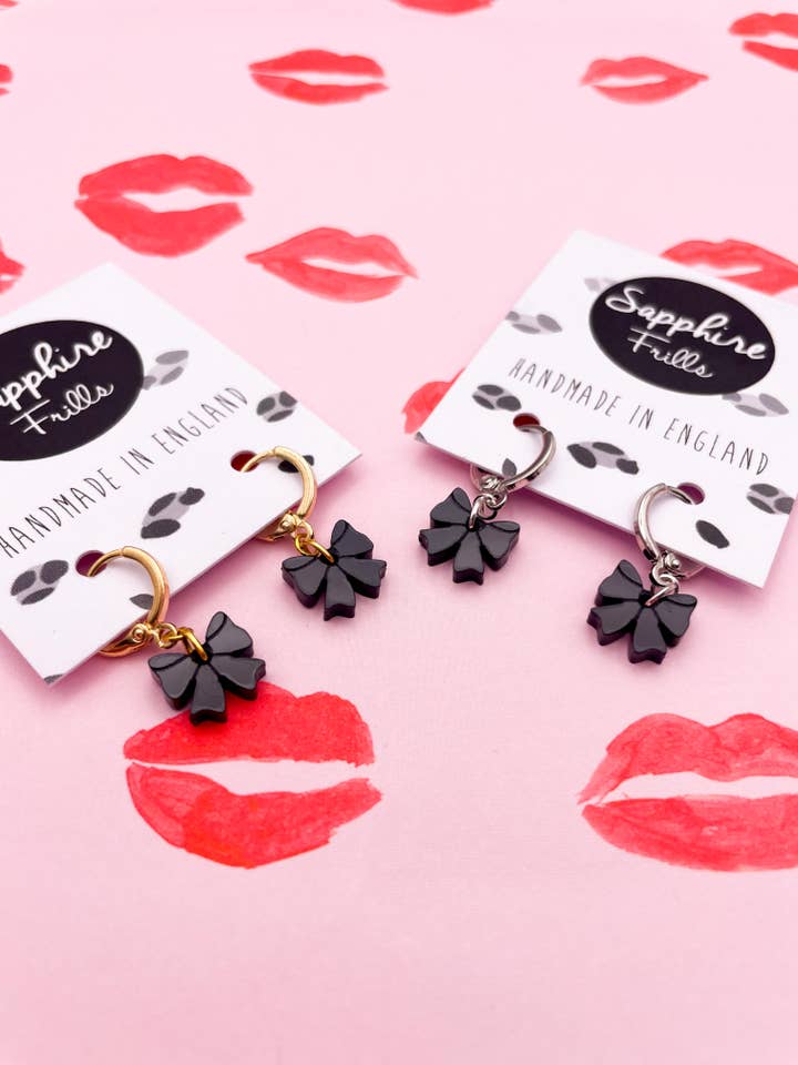 Mini Black Gloss Acrylic Bow Dangle 1cm Hoop Earrings for wholesale by Sapphire Frills Ltd