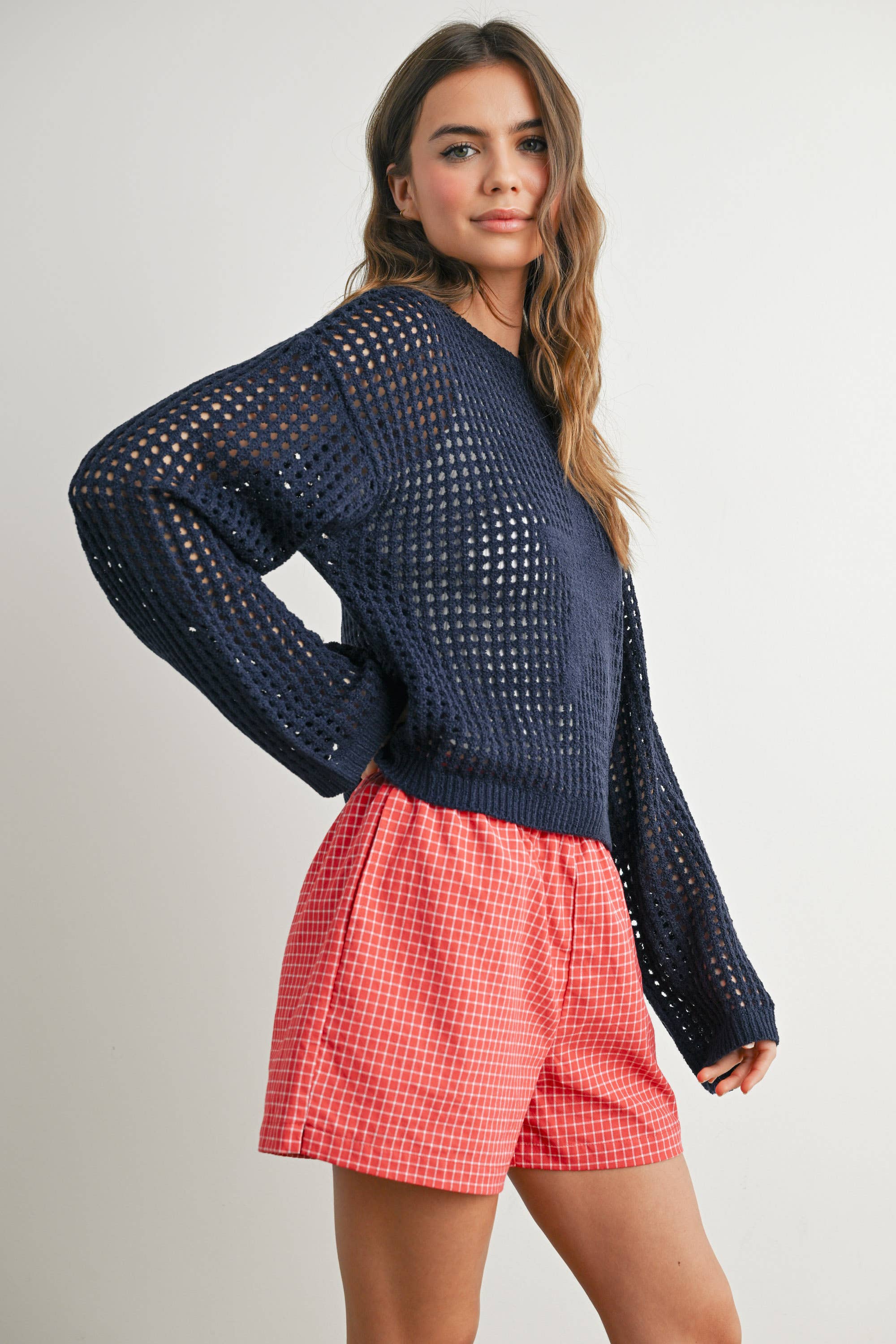 BUTTERMELON - Wholesale Knit Sweater - Women's - Crew Neck Crochet Sweater - BMW76334