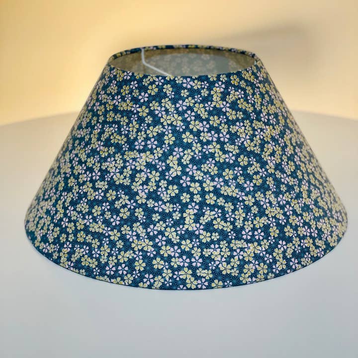 Olive and Limpet - Wholesale Lamp Shade - Large Conical Lampshade. Japanese Cherry Blossom Motif, Light Teal, Gold, and Pale Pink.
