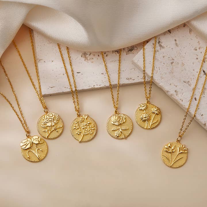 Embossed 3D Birth Flower Necklace - Valentine's Day Gift for wholesale by Anavia