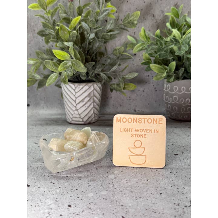 Crystal with Wood Info Card - Moonstone for wholesale by Blaze Design Co.