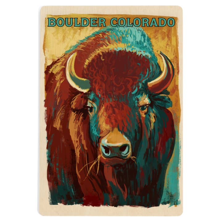 WOOD POSTCARD Boulder, Colorado, Vivid Bison for wholesale by Lantern Press