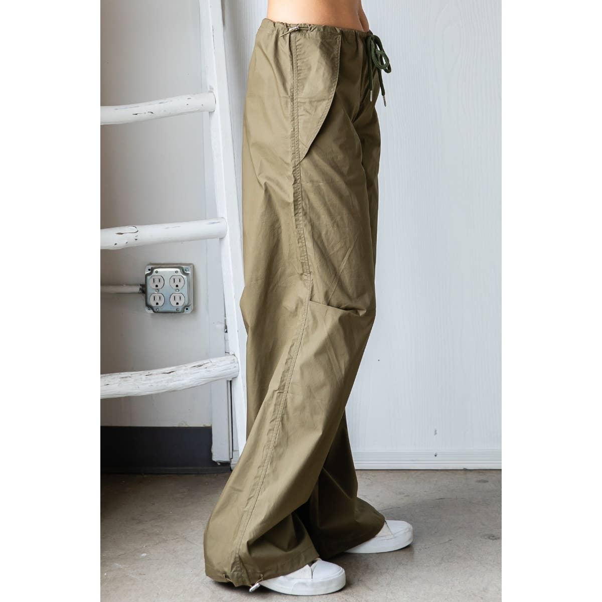 Olive Wide Fit Drawstring Parachute Pants for wholesale on Faire7