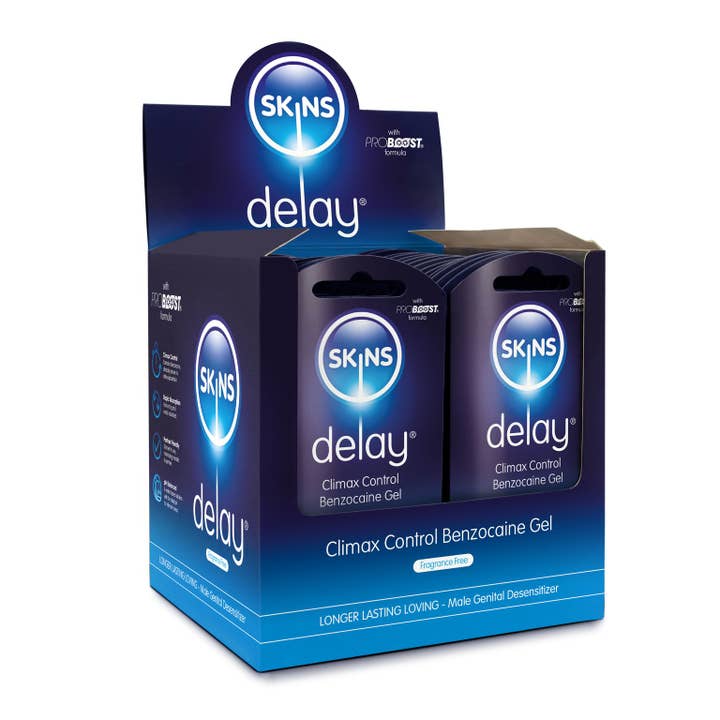 Présentoir de comptoir Gel retardateur Benzocaine Skins (54 x 3ml sachets) pour la vente par Creative Conceptions LLC