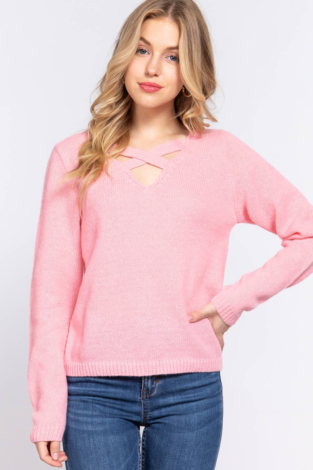 Active Basic | Active USA - Wholesale Knit Sweater - Women's - Long Sleeve V-neck With X Strap Sweater22