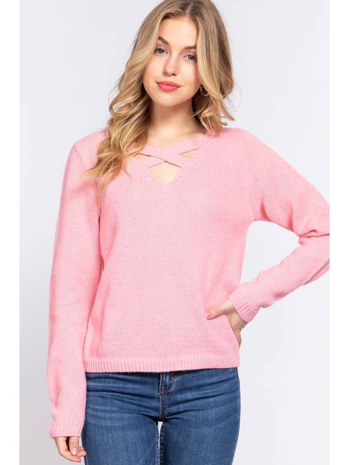 Active Basic | Active USA - Wholesale Knit Sweater - Women's - Long Sleeve V-neck With X Strap Sweater22
