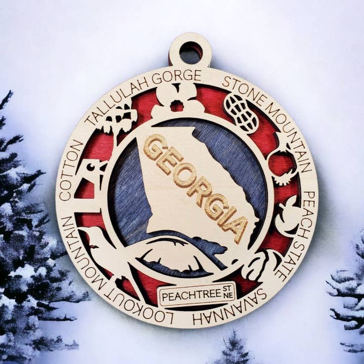 Adorno de madera de Georgia Keepsake GA State, color rojo y azul para venta al por mayor de M.Ree Jewels Creative