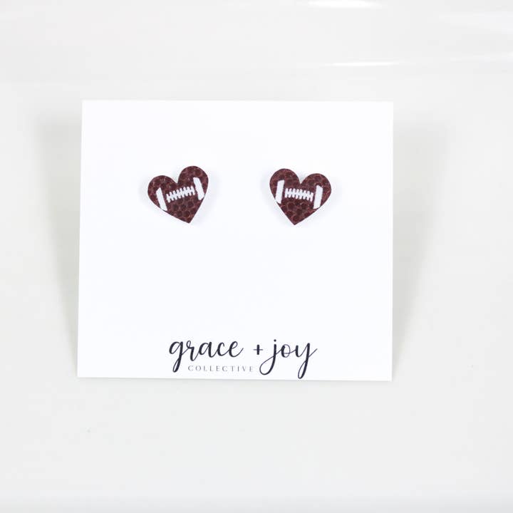 Football Heart Stud Earring, Acrylic Earrings   for wholesale by Grace + Joy Collective